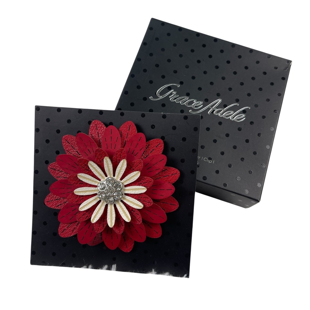 Grace Adele Red Faux Leather Flower Clip Rhinestone Center‎ Handbag Clip